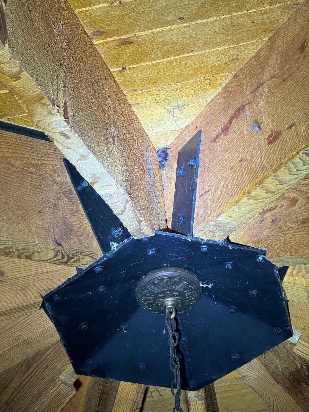 Wood attic peak with a black metal octagonal plate bolted across the ridge gap